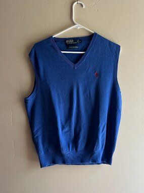 Polo by Ralph Lauren blue cotton sweater vest preppy academia golf coastal